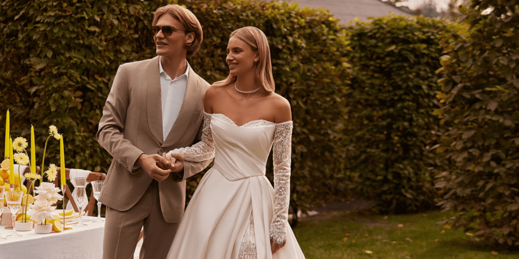 Bride wearing a designer wedding dress for a Lake District wedding, available at The White Gallery bridal boutique.